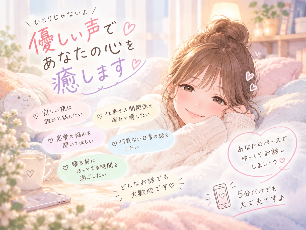 優しい声であなたの心を癒します 寂しい夜も、ほっと安心できるひとときを♡ イメージ1