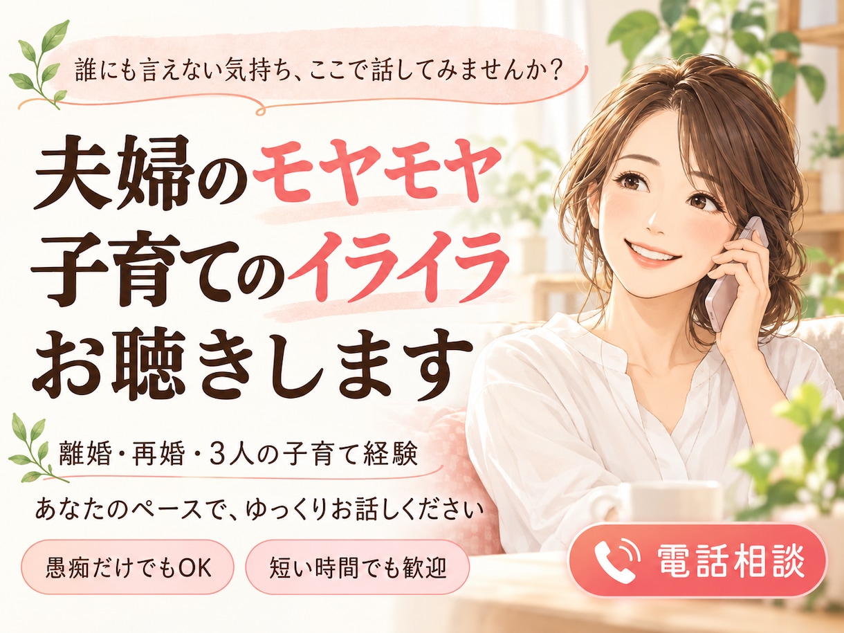誰にも言えない夫婦・子育ての悩みに寄り添います 離婚・再婚、3人の子育てを経験した私が、大切にお聴きします イメージ1
