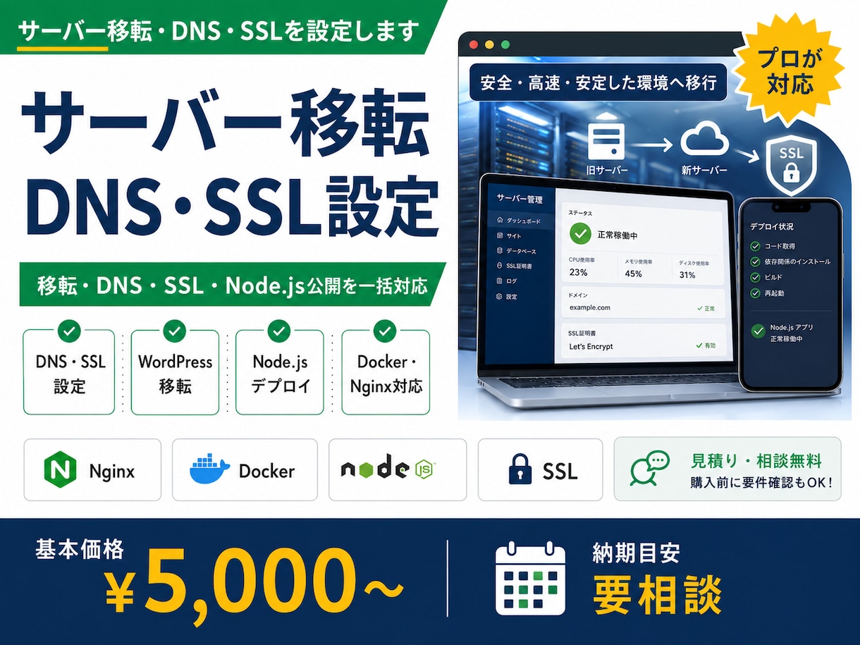 サーバー移転・DNS・SSLを設定します 移転・DNS・SSL・Node.js公開を一括対応 イメージ1