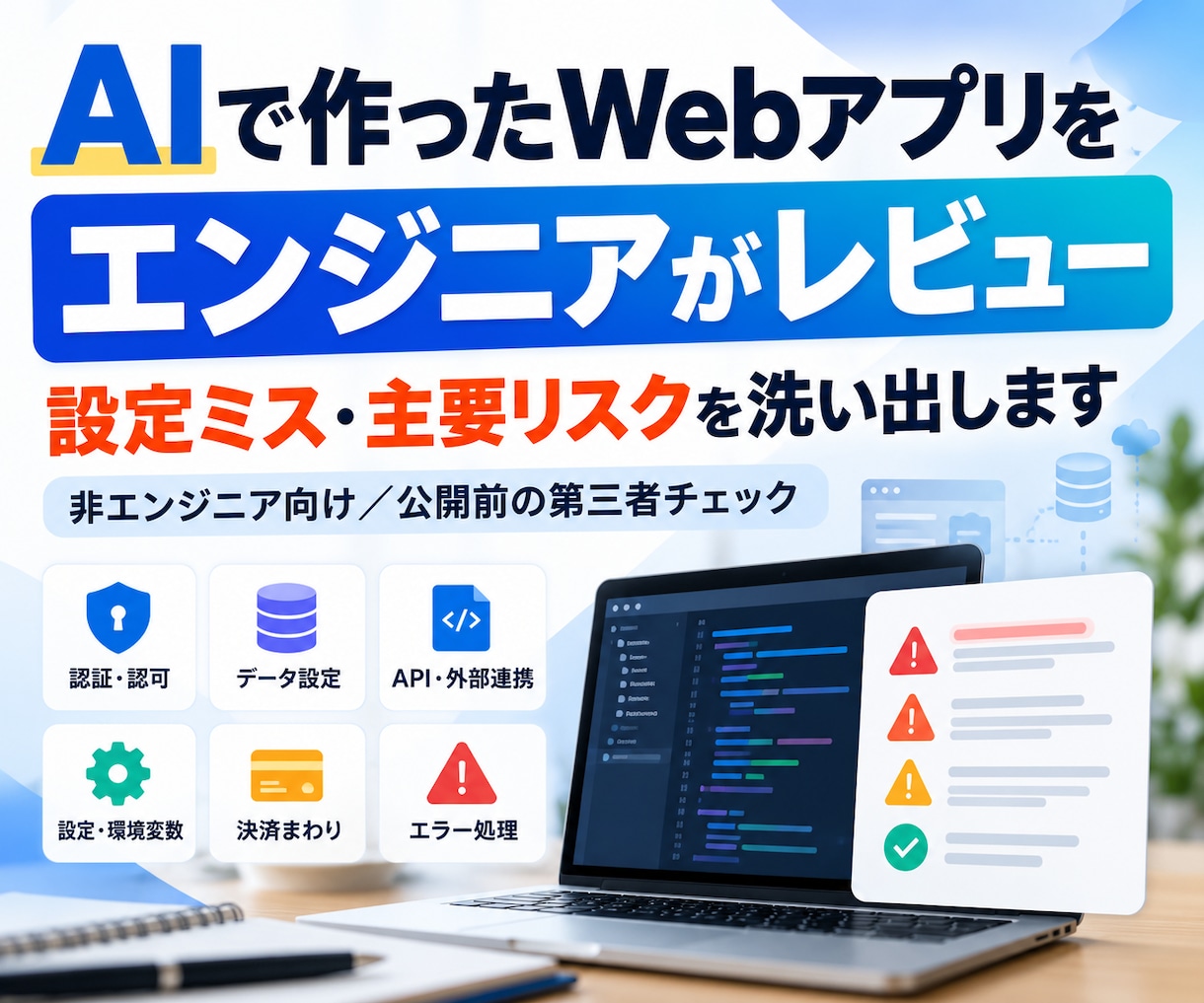AIで作ったツールをエンジニアがレビューします 公開前に気づきにくい設定ミスや主要リスクを洗い出します イメージ1