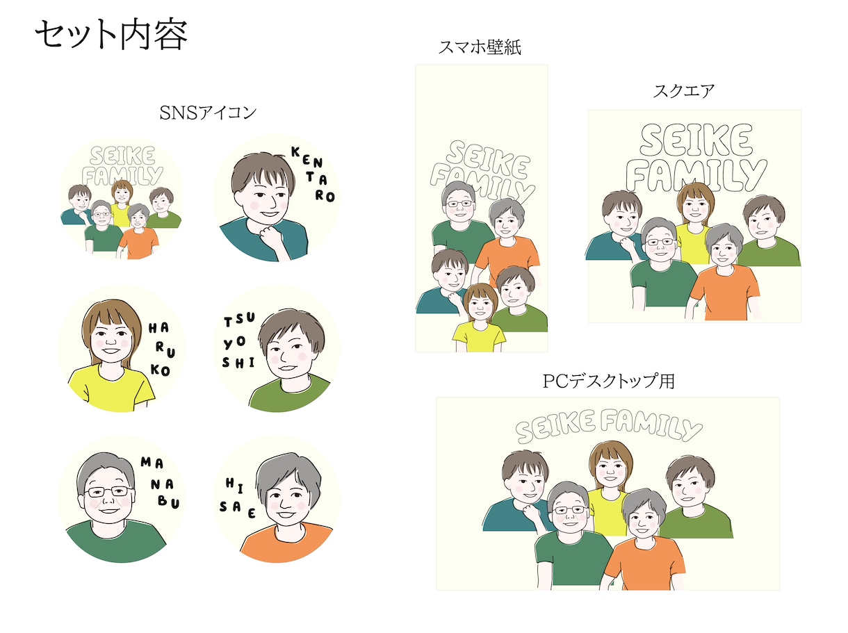 ご家族の似顔絵イラスト+全員分のアイコン作成します スマホ壁紙・パソコン壁紙もセットです! イメージ2