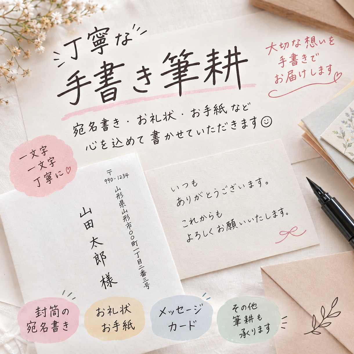 封筒の宛名・お手紙・お礼状など筆耕いたします 宛名書き、メッセージカードなど、さまざまな筆耕を承ります イメージ1