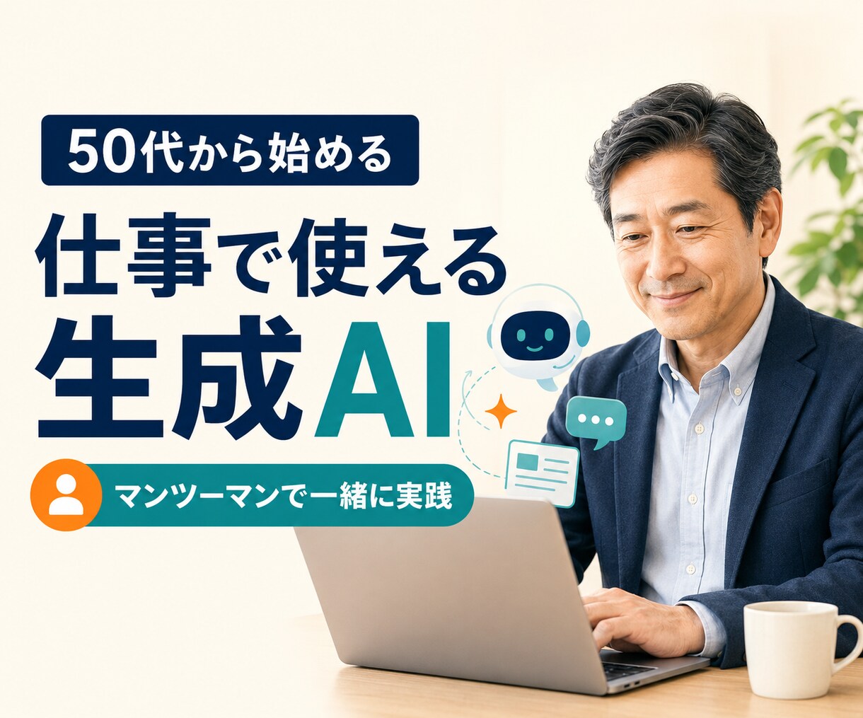 50代から仕事で使える生成AI活用を個別支援します 専門用語を使わず、あなたの仕事に合わせて一緒に実践します イメージ1