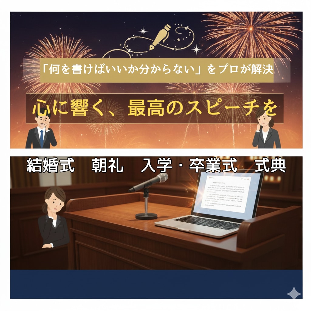 あらゆる場面のスピーチをあなたに代わり書きます 最短24時間以内。ヒアリングだけでプロ級の挨拶が完成します。 イメージ1