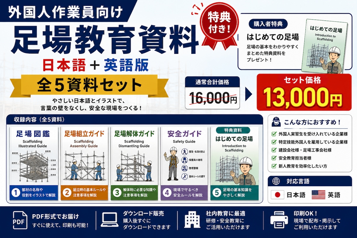 外国人実習生向けの足場の教科書を販売します やさしい日本語＋英語で学べる足場の教科書 イメージ1
