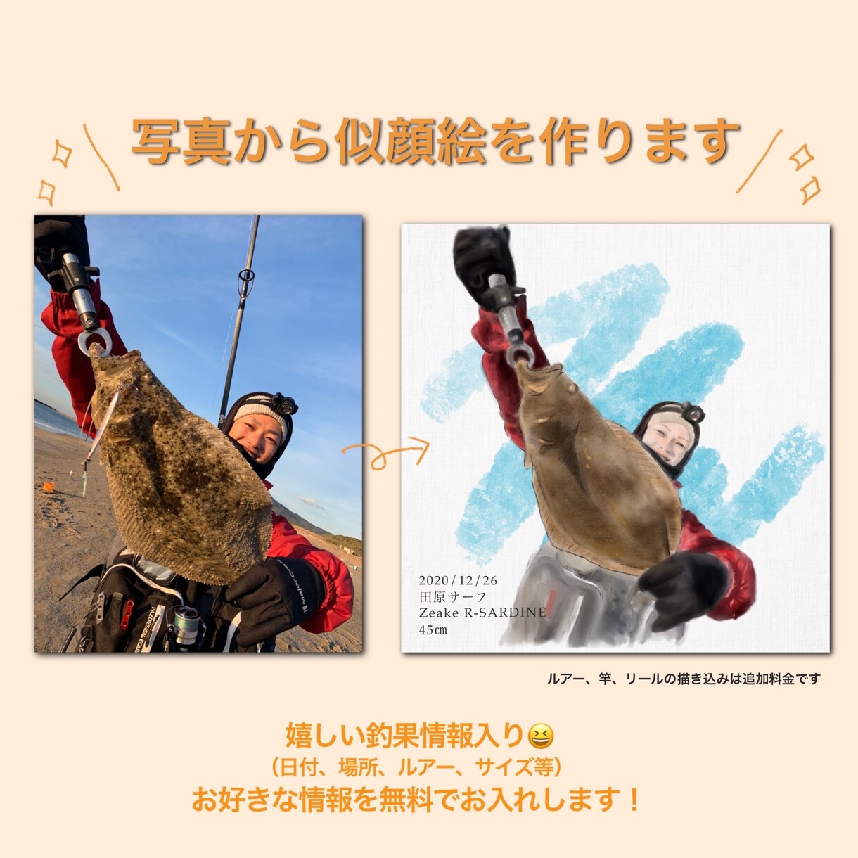 釣れた魚と記念になる似顔絵作ります 釣果情報入れます◎飾れるサイズで邪魔になりません◎ イメージ2