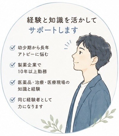 アトピーの悩み・疑問を何でもご相談くださいます アトピーを克服した製薬業界10年以上の経験者が相談に乗ります イメージ1