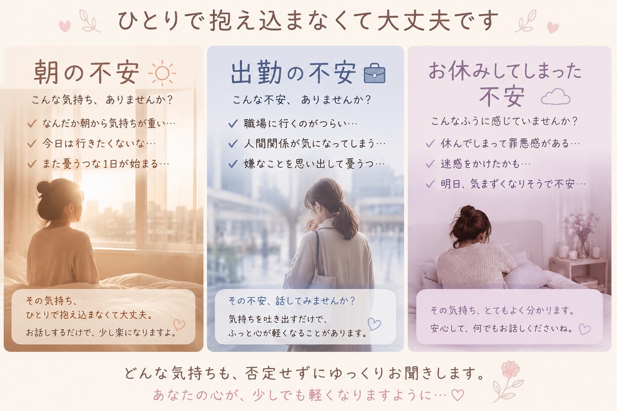 うまく話せなくても大丈夫です。ゆっくりお話聞きます 朝の不安、出勤の不安、お休みをしてしまった不安など、お気軽に イメージ1