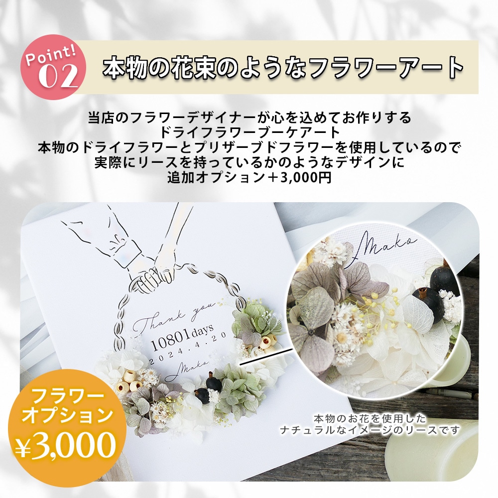 キャンバスに本物のお花を使った記念品作ります ナチュラルな質感がオシャレなキャンバス子育て感謝状 イメージ5