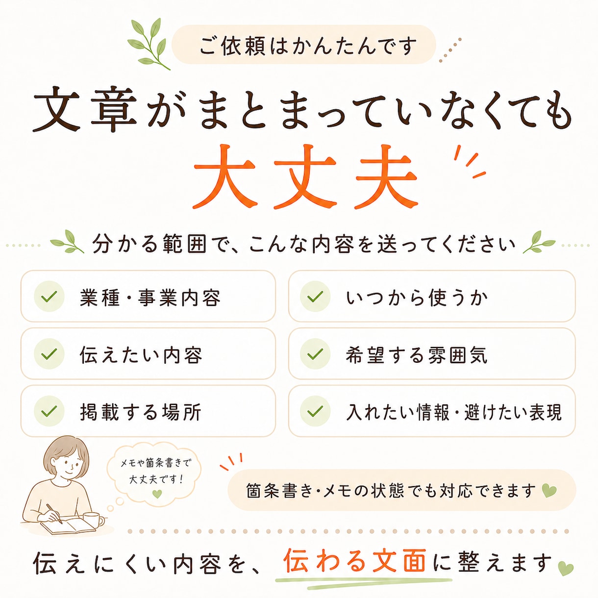 小規模店向け【伝えにくいお知らせ文】を作成します 必要な案内、言いにくい内容などを、お店らしい言葉に整えます イメージ4