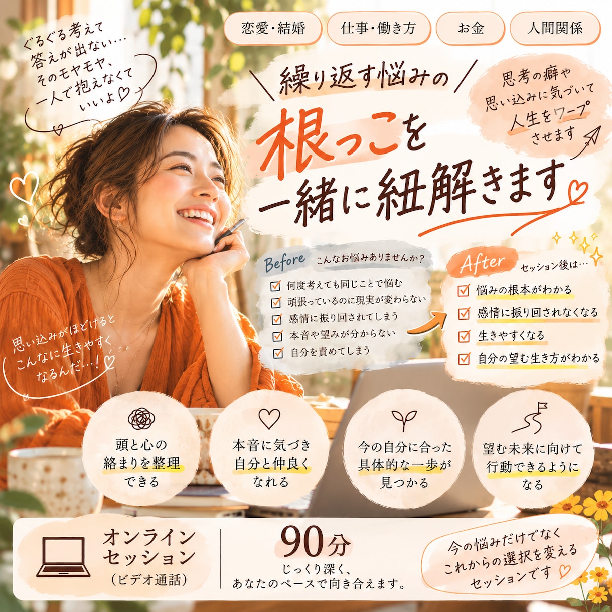繰り返す悩みの根っこを一緒に紐解きます 思考の癖や思い込みをほどいて、望む人生へワープします！ イメージ1