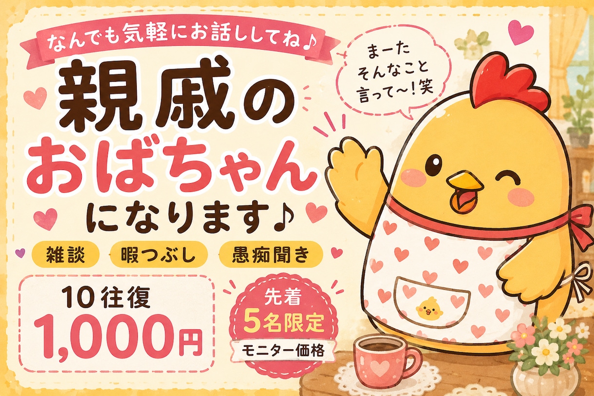 暇つぶし・雑談・愚痴聞き♪おばちゃんが聞きます 「なんとなく誰かと話したい」そんな時に気軽にどうぞ♪ イメージ1