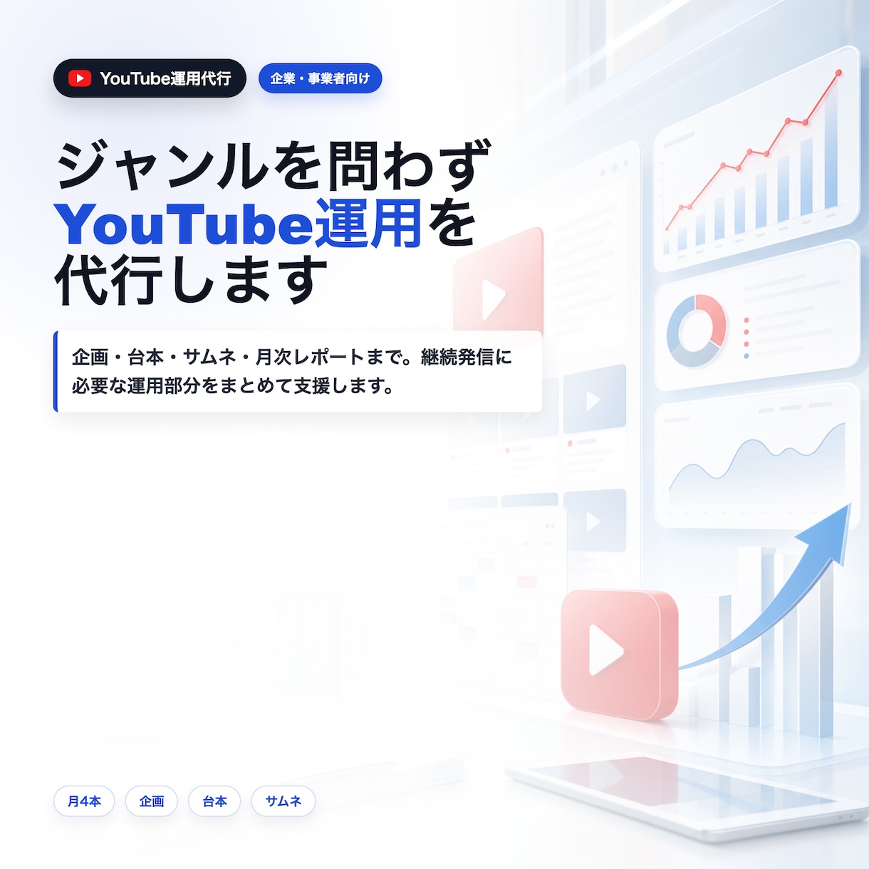 企業・事業者向けYouTube運用を代行します 企画・台本・サムネ・YouTube運用を一気通貫で支援 イメージ1
