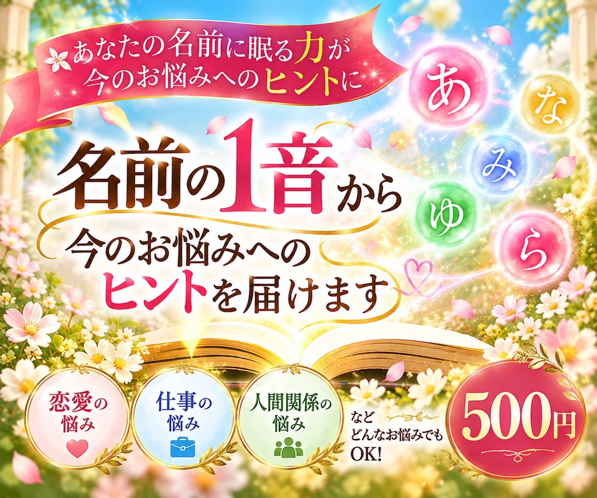 名前の1音から今のお悩みにヒントを届けます あなたの名前に眠る力が、今のお悩みを解くヒントになります♡ イメージ1