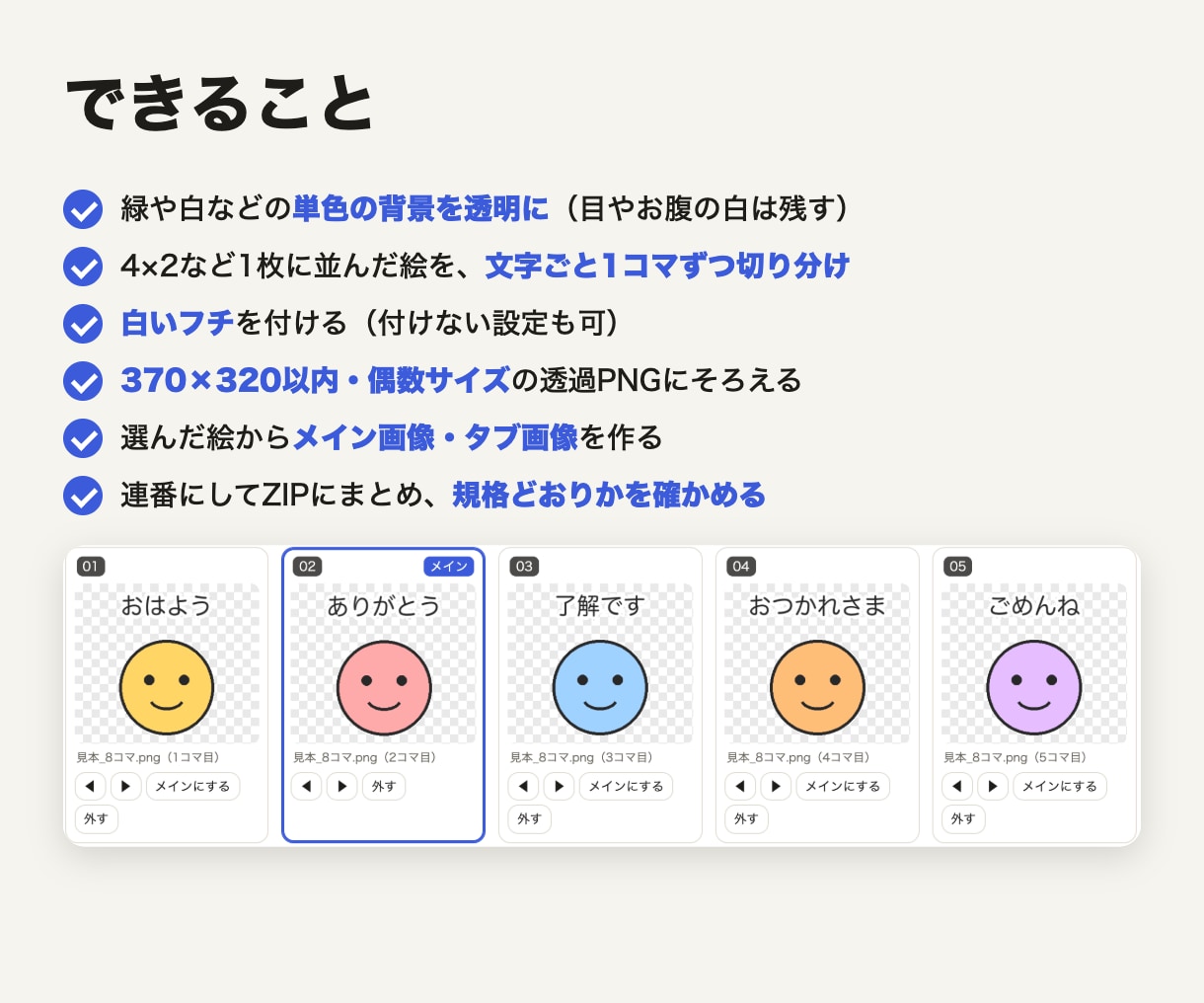 AIで描いたスタンプの絵を申請用ZIPに仕上げます 透過・切り分け・白フチ・規格チェック。APIキー不要 イメージ2