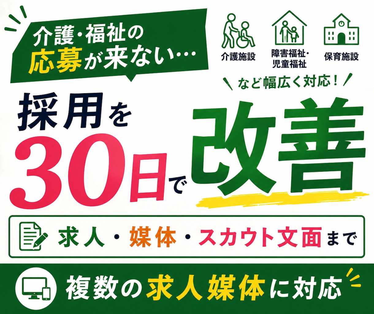 介護・福祉特化◆応募が来ない採用を30日改善します 介護職・福祉職の求人・媒体・スカウト文面をまとめて改善 イメージ1