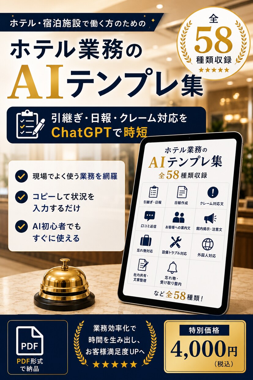 ホテル業務のAIテンプレ集を提供します 引継ぎ・日報・クレーム対応をChatGPTで時短 イメージ1