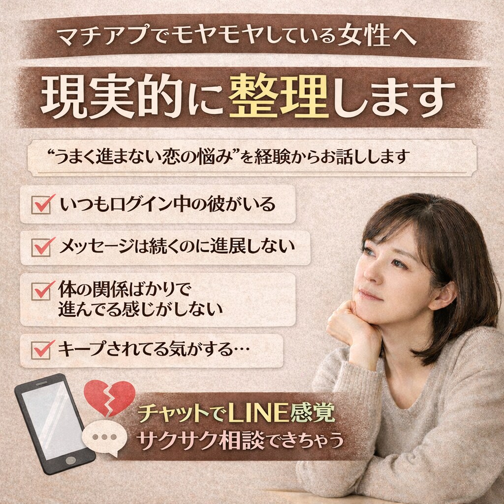 マチアプでモヤモヤしている女性へ現実的に整理します 何年も見てきたから分かる“同じ男性が残る理由”お話聞きます。 イメージ1