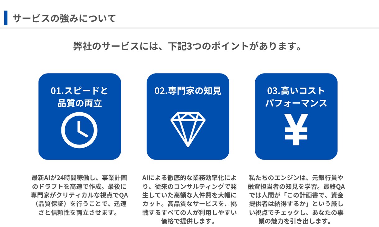 融資・補助金対応の事業計画書を作成します 元銀行員の知見を学習したAIが、あなたの事業を形にします イメージ4