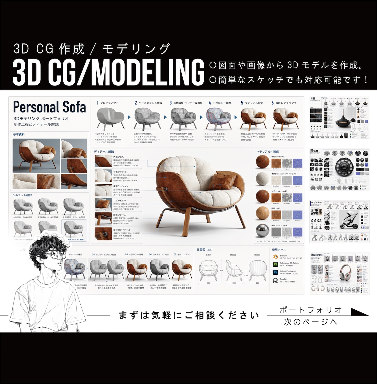 イメージや資料をもとに3Dモデルを作成します 現役3Dモデラーが丁寧に希望の3Dモデルを作成します。 イメージ1