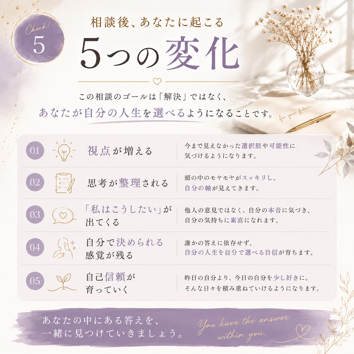 答えではなく、自愛を育てます 誰かに答えを求める毎日から、自分で人生を選べる毎日へ イメージ5
