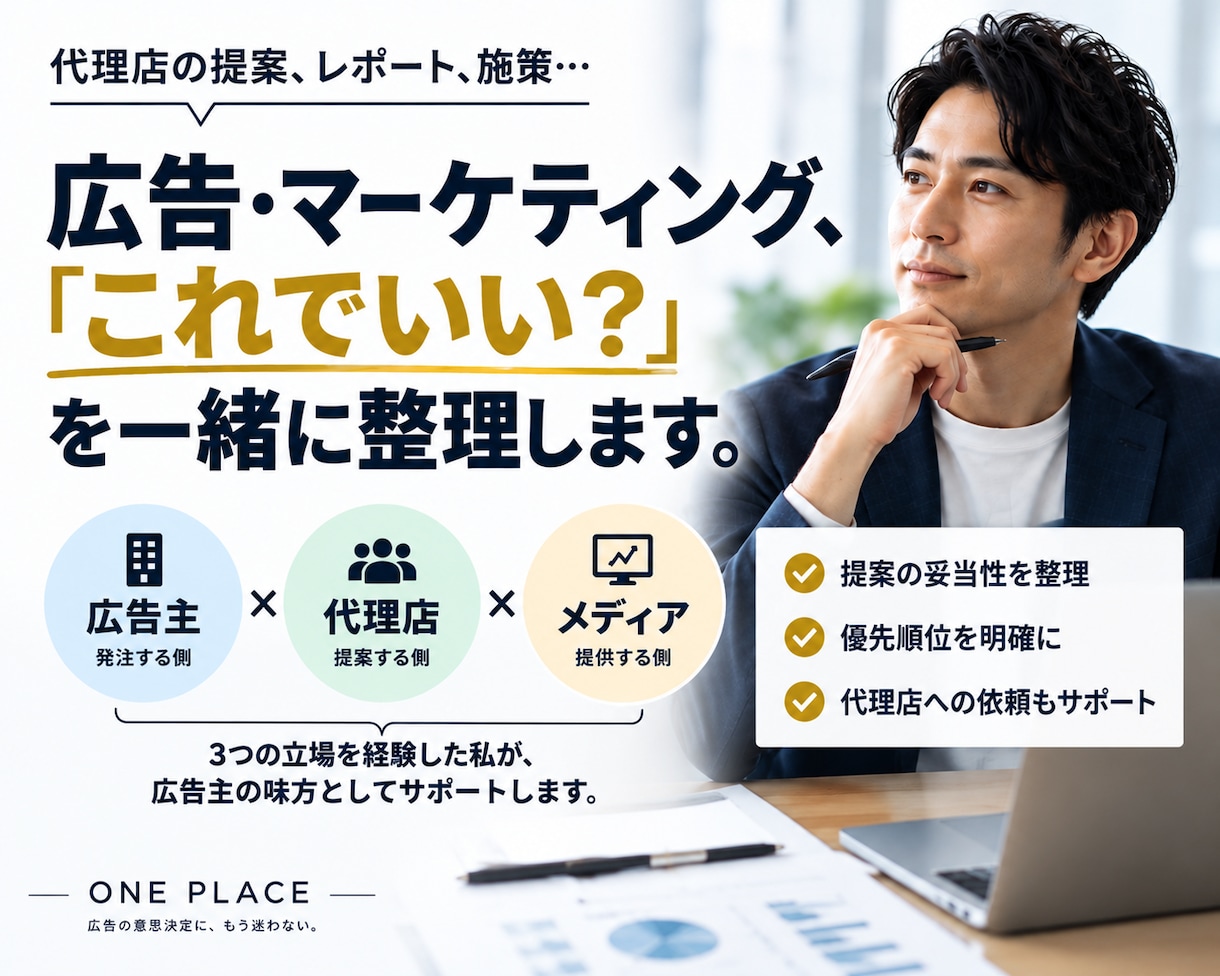広告代理店の提案、決める前に一緒に整理します 広告主・代理店・メディア。3つの経験を広告主側に イメージ1