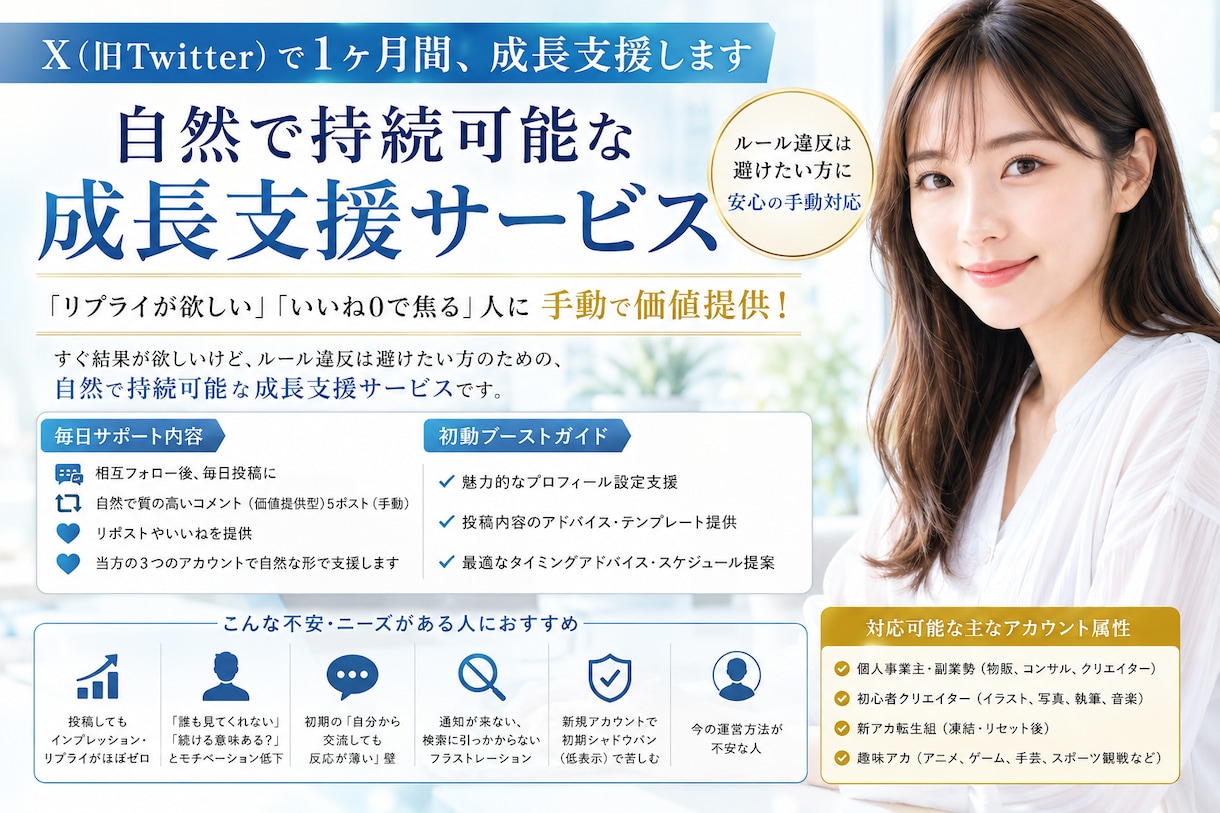 X（旧Twitter）で1ヶ月間、成長支援します 「リプライが欲しい」「いいね0で焦る」人に手動で価値提供! イメージ2