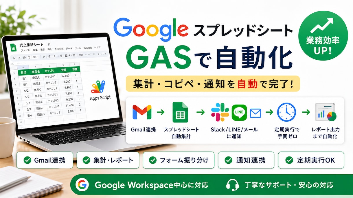 GASでスプレッドシート業務を自動化します Gmail連携・自動集計・Slack通知・定期実行に対応 イメージ1