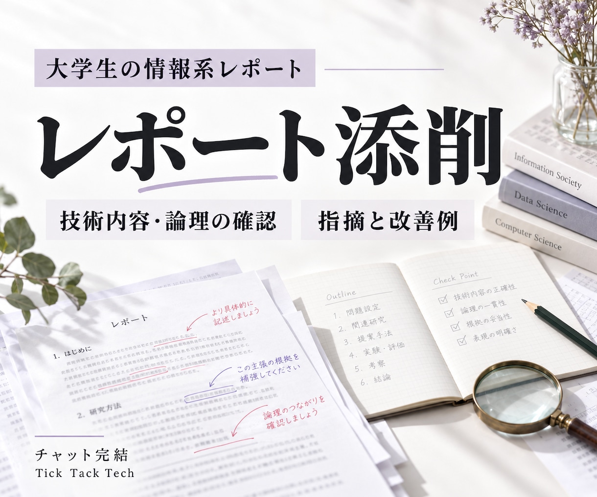 情報系レポートの技術内容を添削します 本人の草稿を技術・論理・出典から確認し改善へ イメージ1