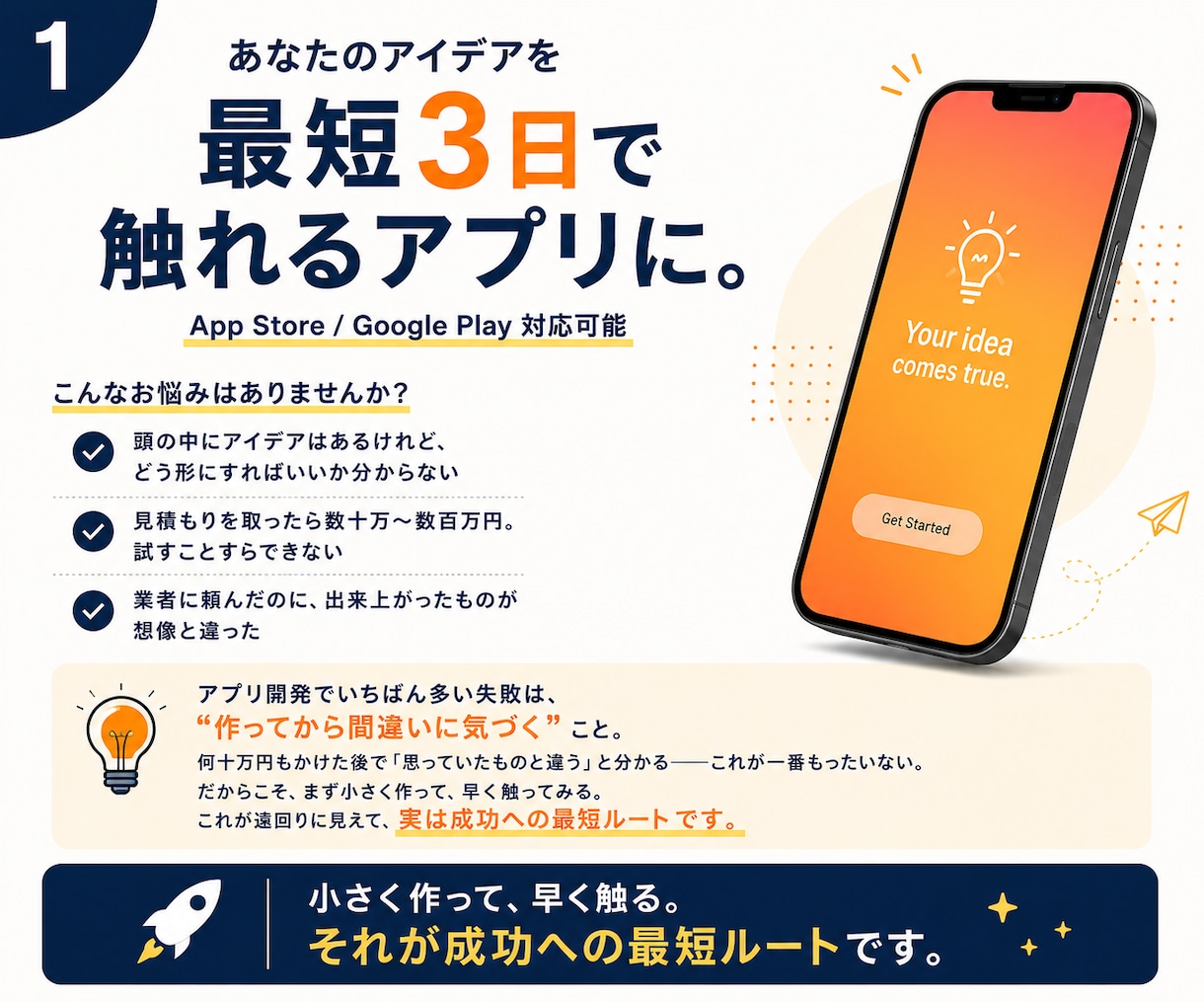 あなたのアイデアを、最短3日で触れるアプリにします App Store / Google Play 対応可能 イメージ1