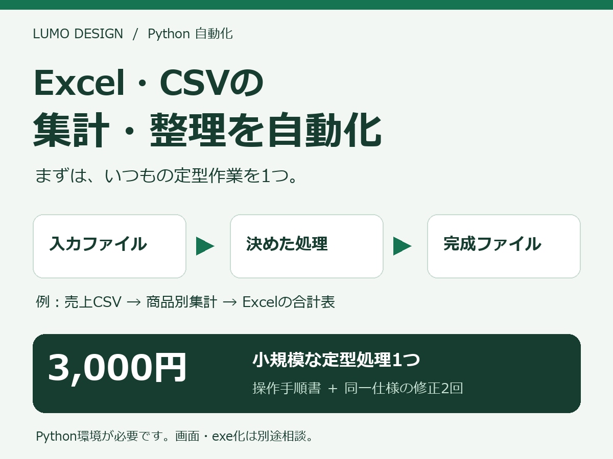 Excel・CSVの集計・整理を自動化します 3,000円で定型作業1つ｜操作手順・修正2回付き イメージ1
