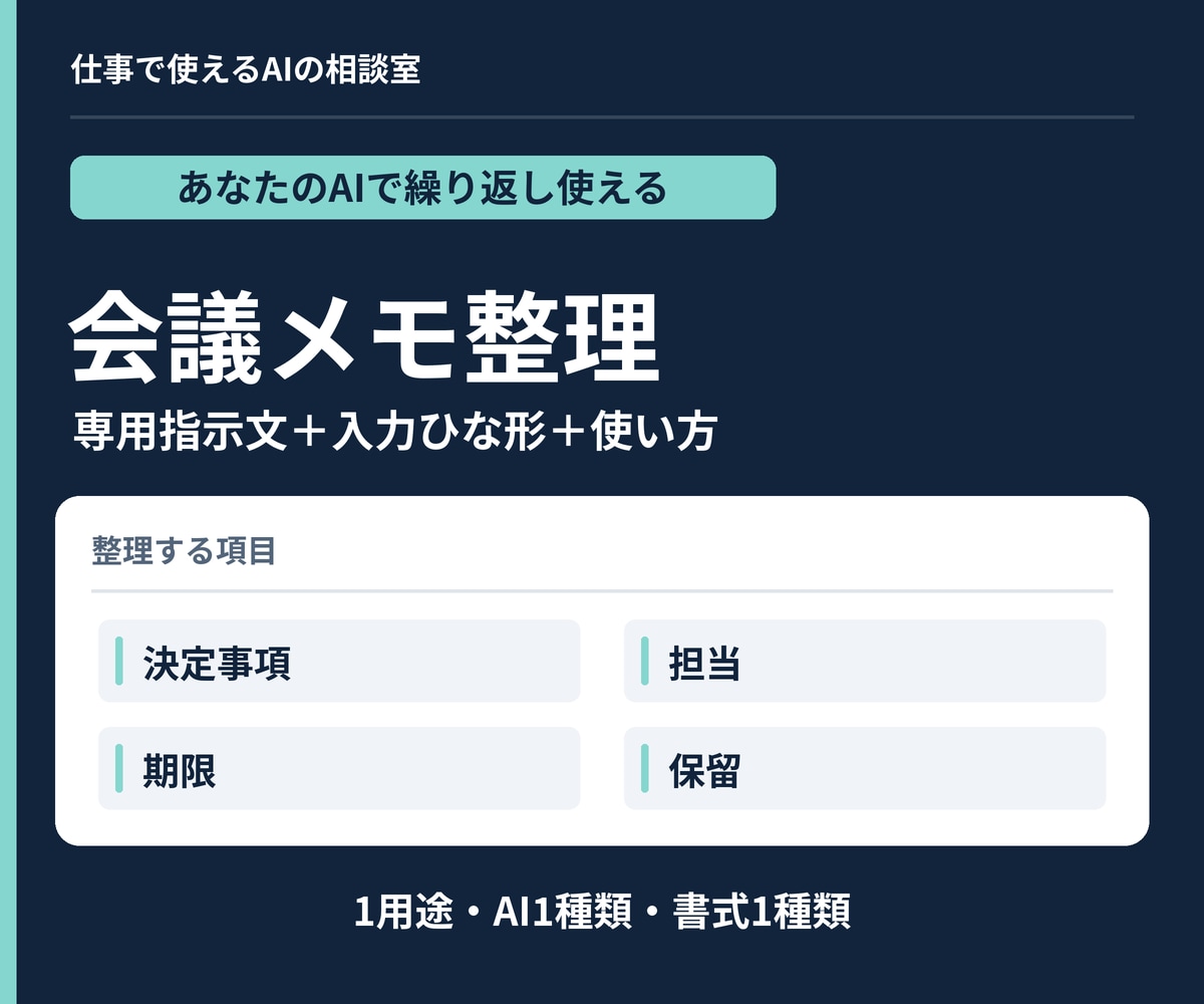 会議メモ整理用のAI指示文を作ります 決定事項・担当・期限を整理。提案や保留も分けます イメージ1