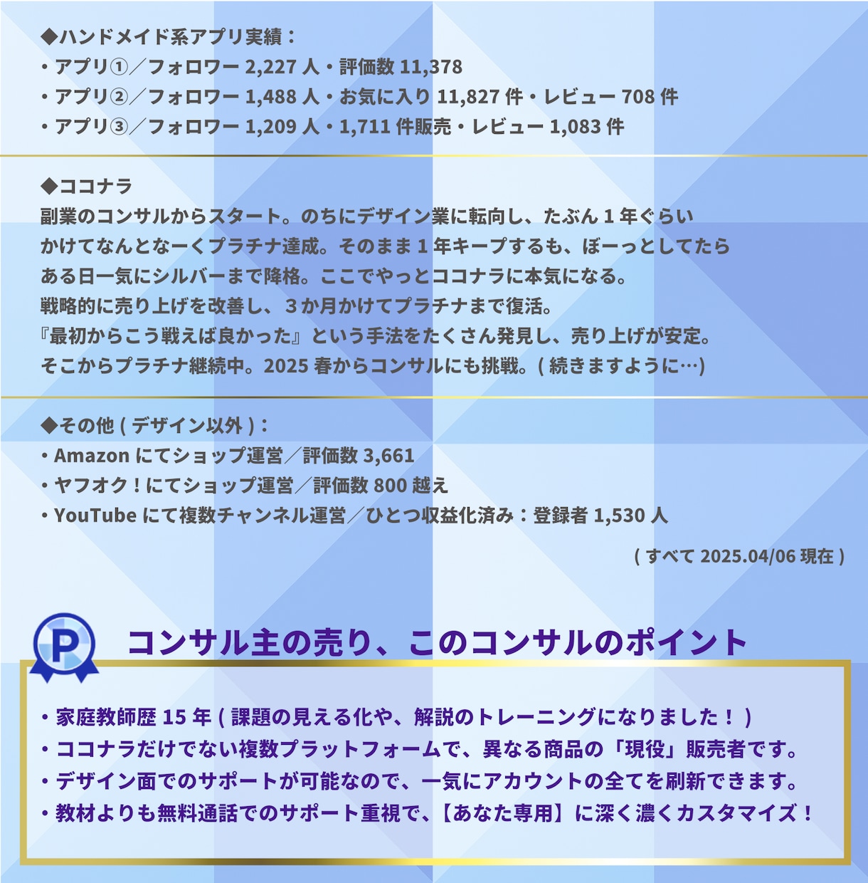 あなたをもっと売る！ココナラコンサルで背中押します ココナラ販売800超／Amazon運営中／カテキョ歴15年 イメージ6