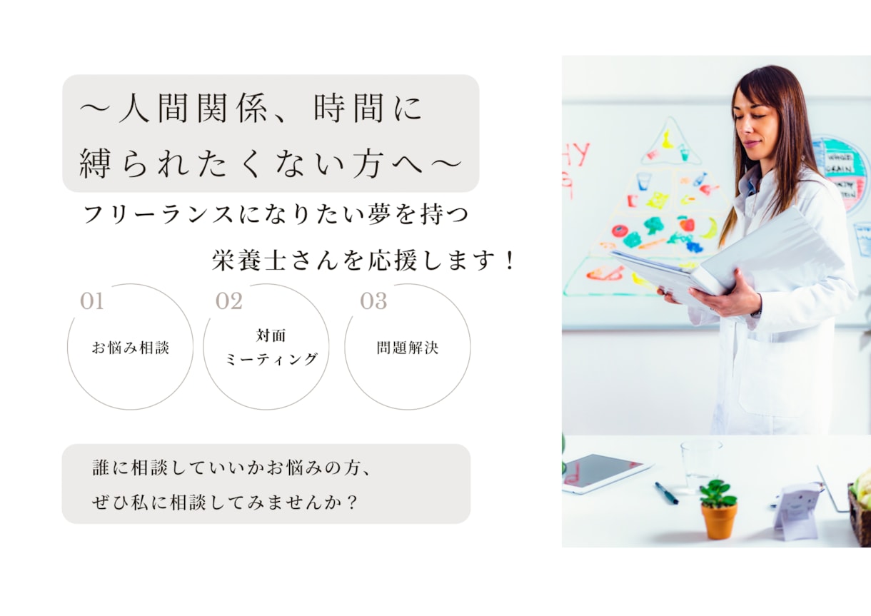 人間関係、時間に縛られたくない方へ相談に乗ります フリーランスになりたい栄養士さんを応援します！ イメージ1