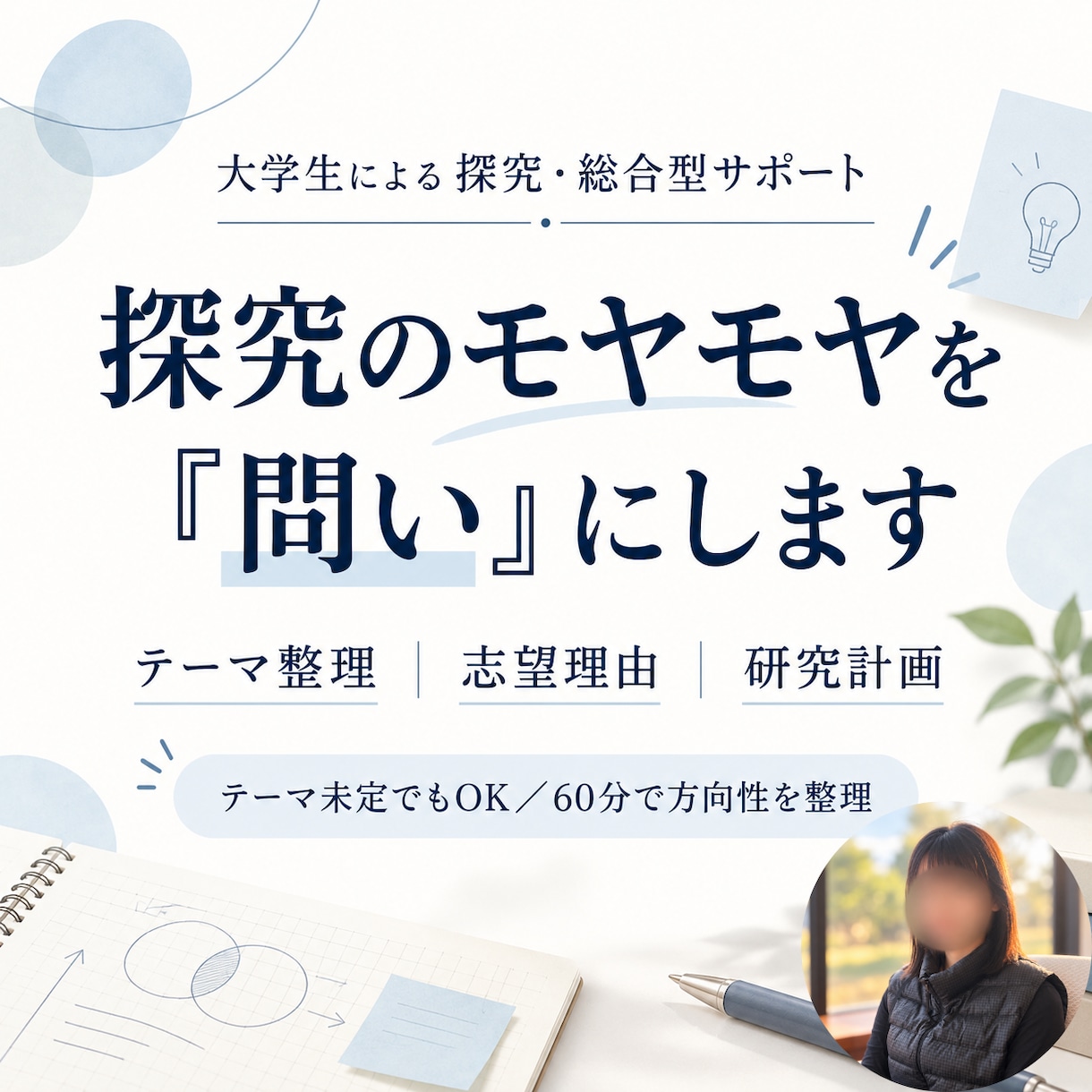 探究テーマ・総合型選抜の志望理由を一緒に整理します 探究のモヤモヤを「問い」にします イメージ1
