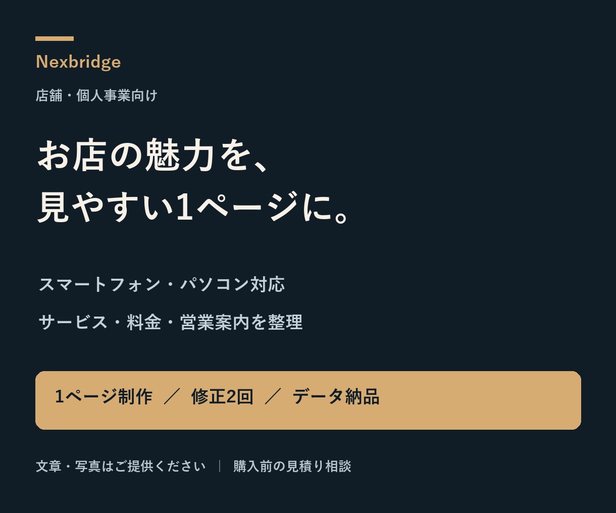 店舗向けスマホ対応の1ページHPを制作します サービス・料金・営業案内を整理。修正2回・制作データ納品 イメージ1