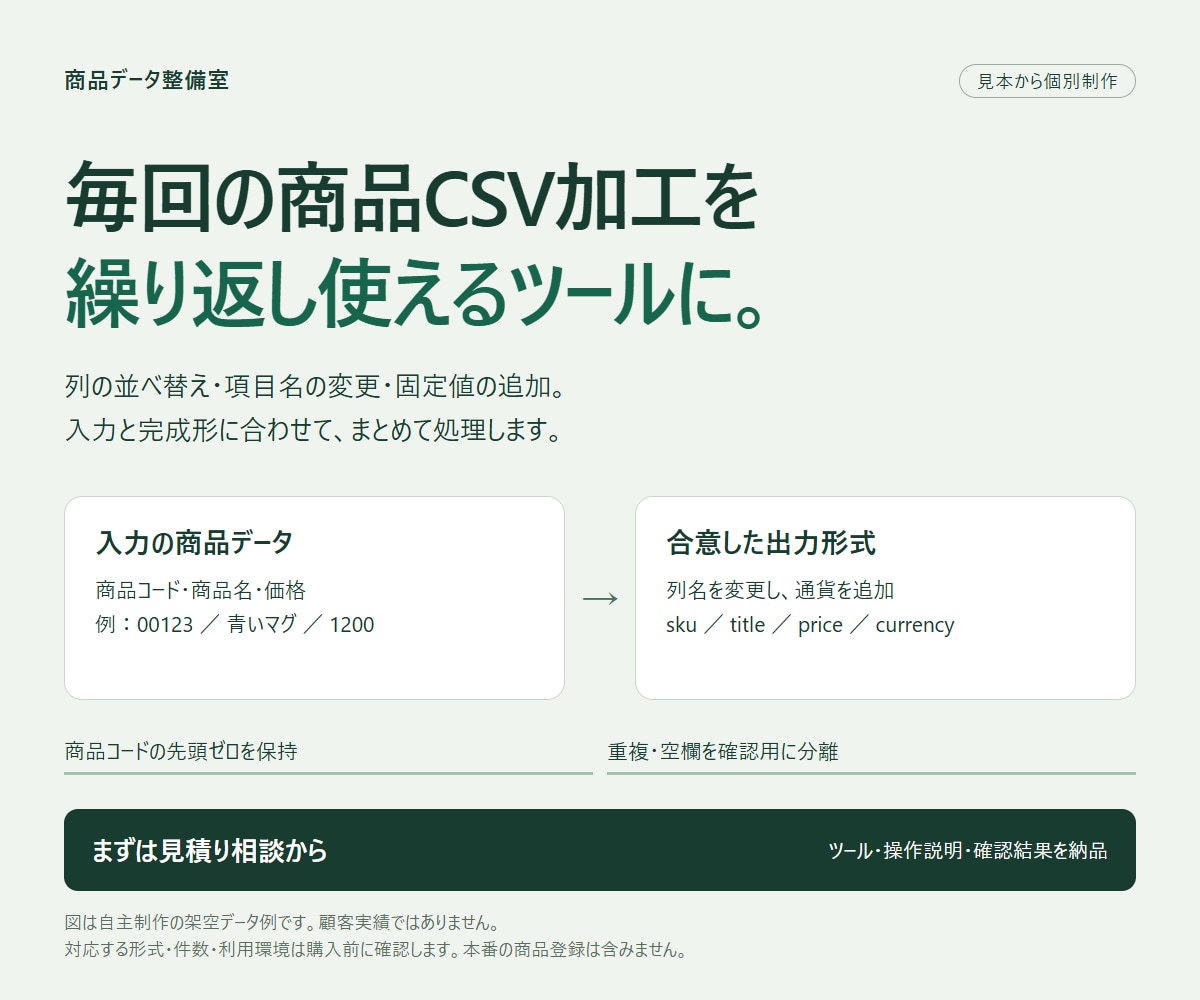 商品CSVの繰り返し加工を自動化します 列の変更から重複確認まで、手元で使えるツールに イメージ1