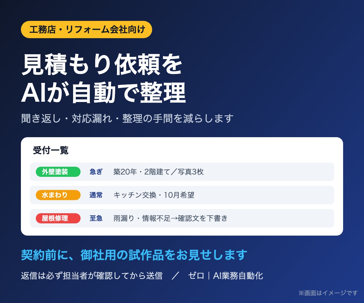 工務店の見積もり受付をAIで自動整理します 工務店・リフォーム会社向け｜契約前に試作品をお見せします イメージ1