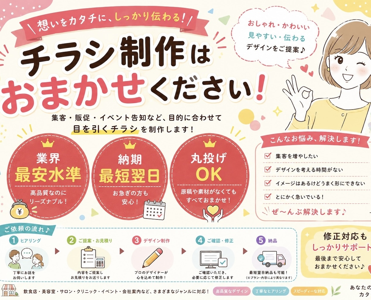 丸投げOK！チラシのデザイン・印刷します 最短翌日納品、業界最安水準！どこにするか迷った方にオススメ！ イメージ1
