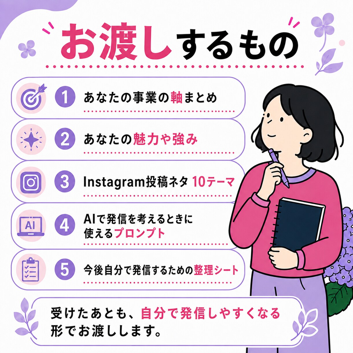 事業の魅力を整理して発信の軸を一緒につくります SNSに追われる毎日から、自分の言葉で伝えられる発信へ イメージ4