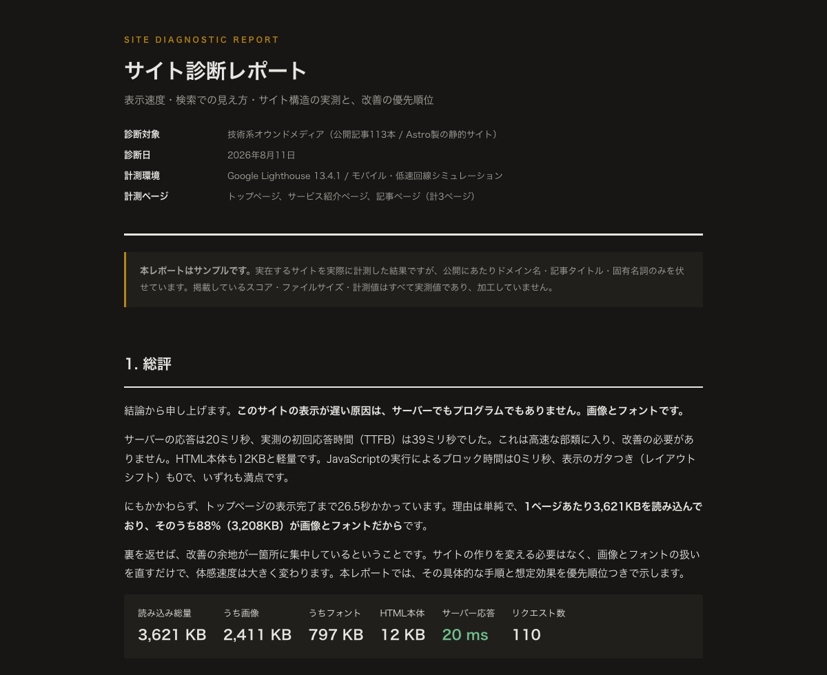 サイトの表示速度とSEOを実測し改善順に整理します 「たぶんここが悪い」ではなく計測値で優先順位をつけます イメージ1