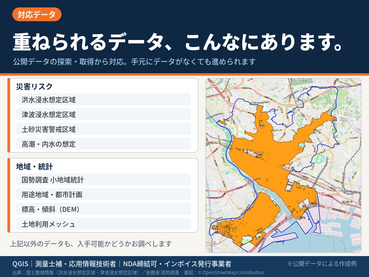 ハザード情報を重ねた防災リスク図を作成します 洪水・津波・土砂を1枚に｜影響人口の集計まで対応 イメージ4