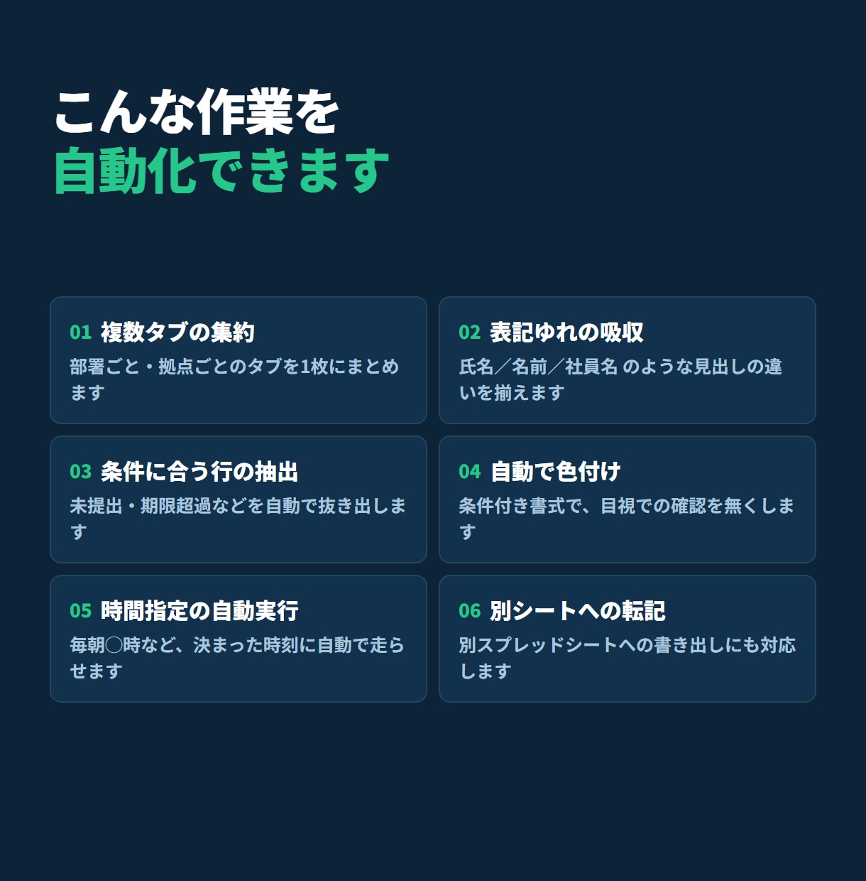 スプレッドシートの手作業をGASで自動化します 複数タブの集約も、未提出者の抽出も、1クリックに イメージ2