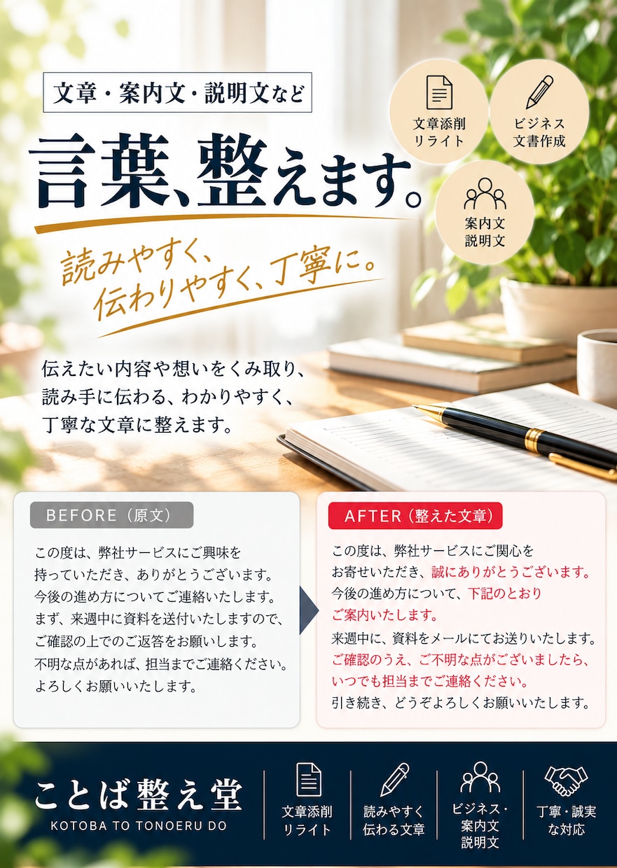 ビジネス文書や案内文を読みやすく丁寧に整えます 伝えたいことを、伝わる文章へ。丁寧に仕上げます イメージ1