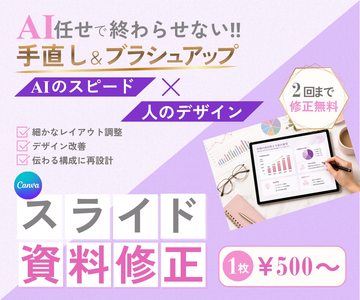 AI生成資料を整え、伝わるスライド資料へ仕上げます AI任せでなく、一枚ずつ目視でブラッシュアップします イメージ1