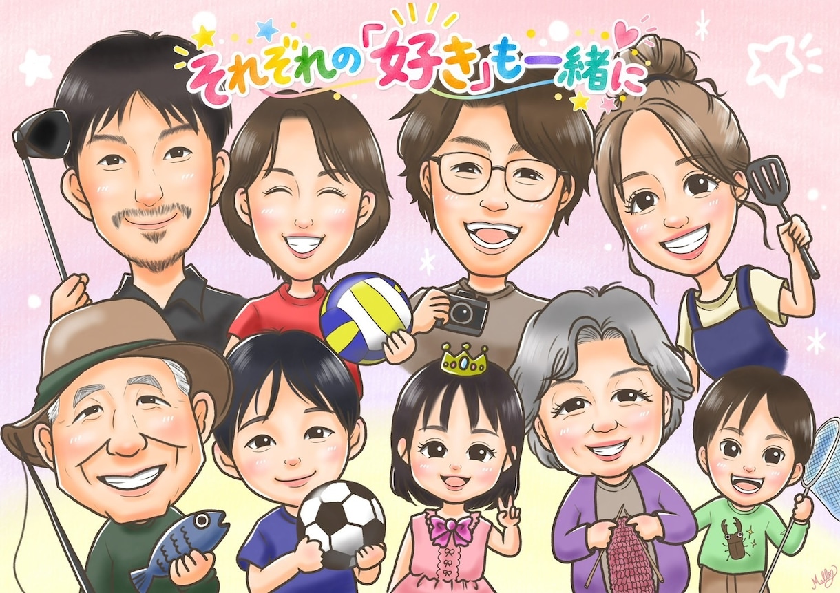 大人数もOK！カラフル&かわいい似顔絵を描きます A4印刷＆データ付き・送料無料！別々の写真も一枚に♪ イメージ1