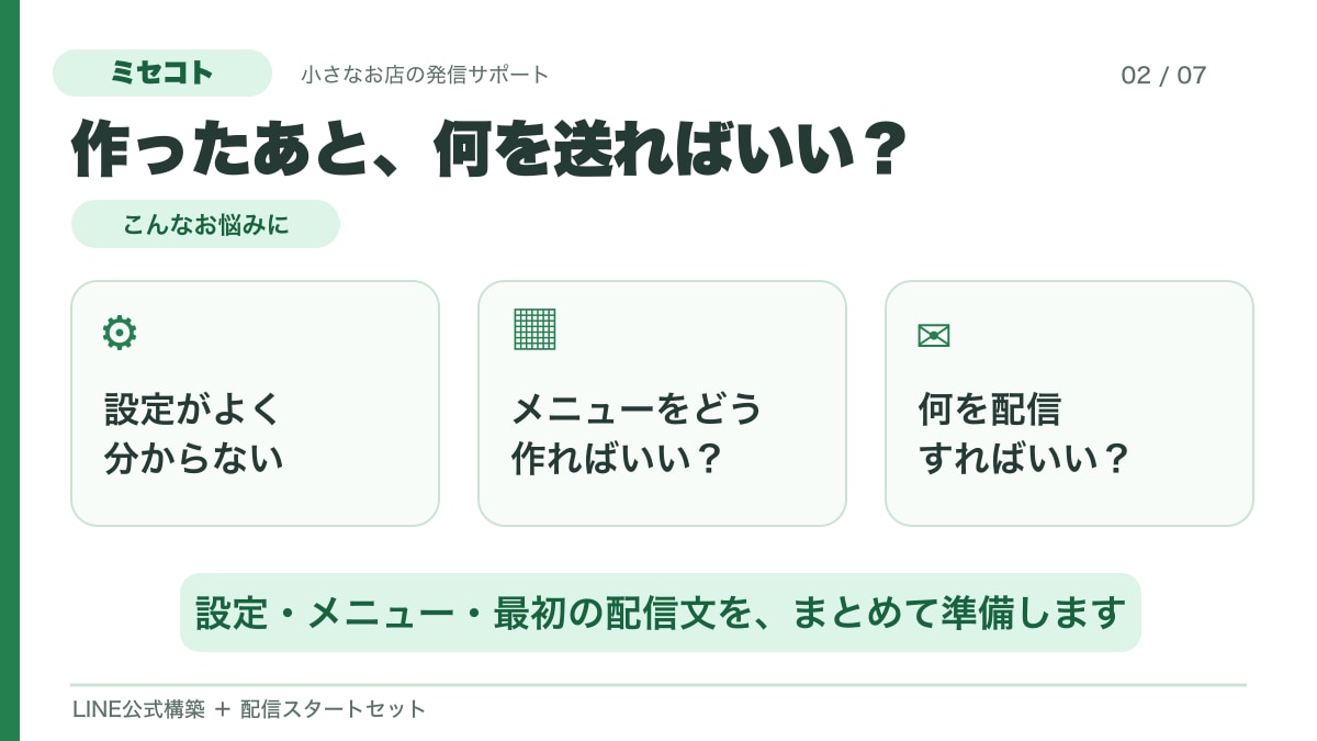 小さなお店のLINE公式を配信開始まで整えます 初期設定・リッチメニュー・配信文5通をまとめて準備 イメージ2