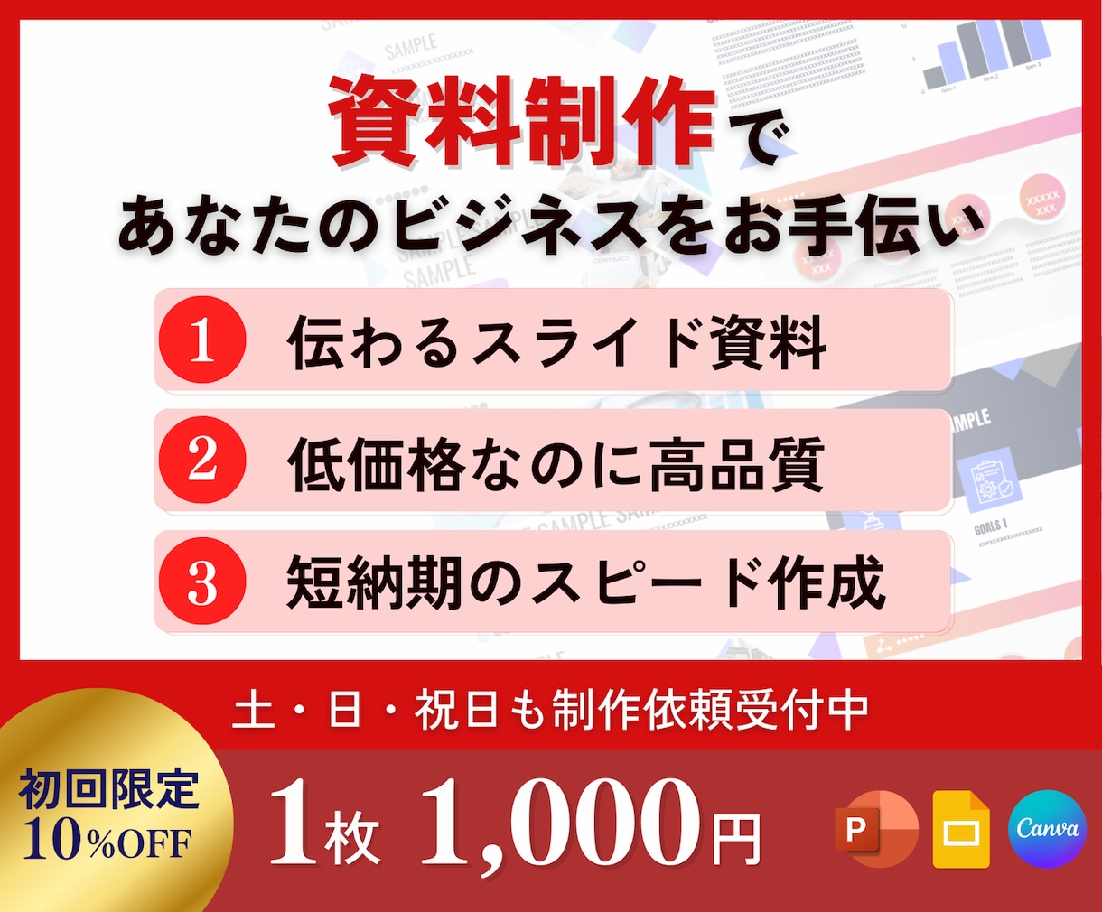 高品質で伝わるスライド資料を爆速・格安で作成します 売上アップに貢献するスライドを現役デザイナーがスピード作成！ イメージ1