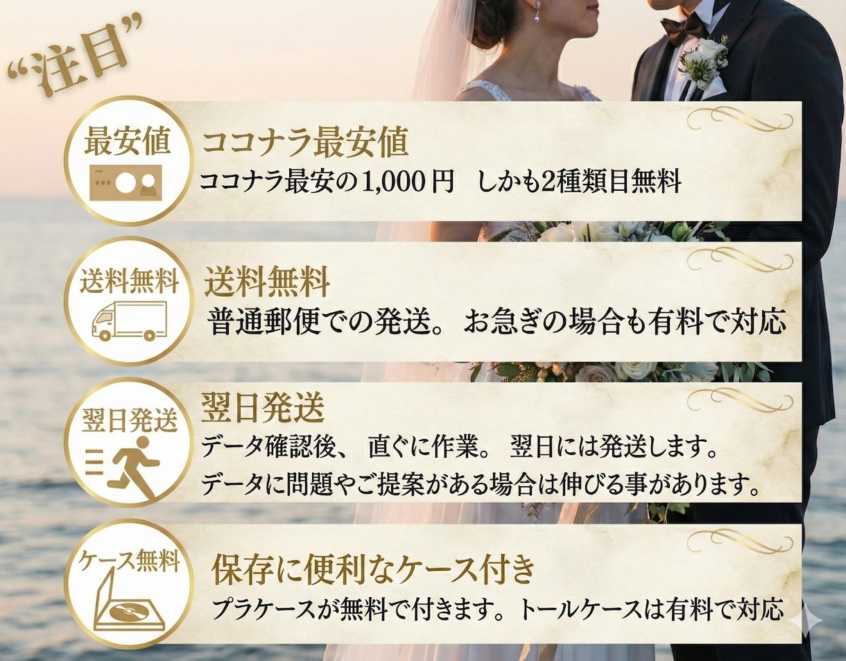 ココナラ最安値！結婚式放映データDVDにします 2種類目無料　BD対応（ケース付き）　送料無料・翌日発送 イメージ2