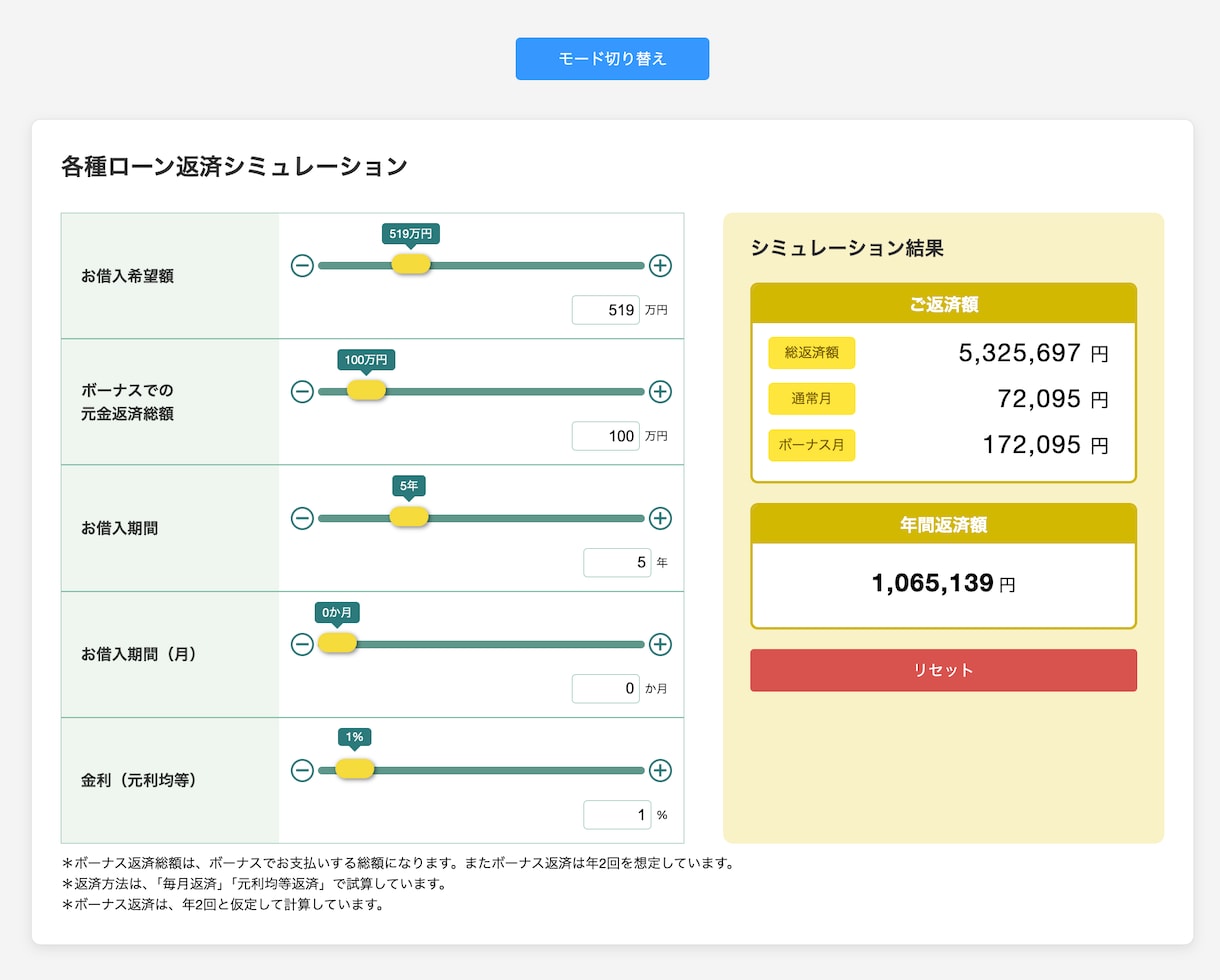 ウェブサイトにローン返済シミュレーターを設置します 元利均等返済対応。オートローンなどの返済シミュレーションに！ イメージ1
